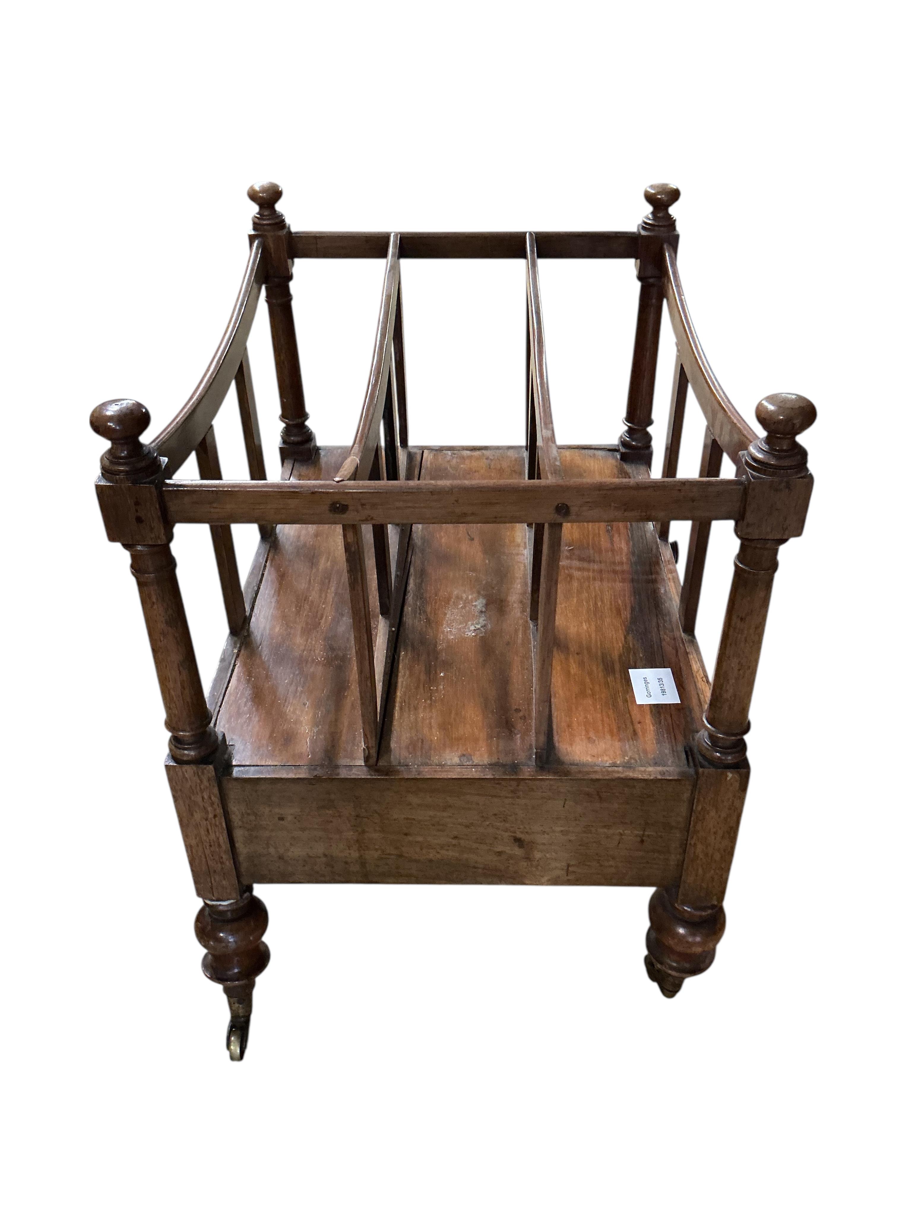 A Victorian rosewood three division canterbury, width 51cm, depth 41cm, height 54cm